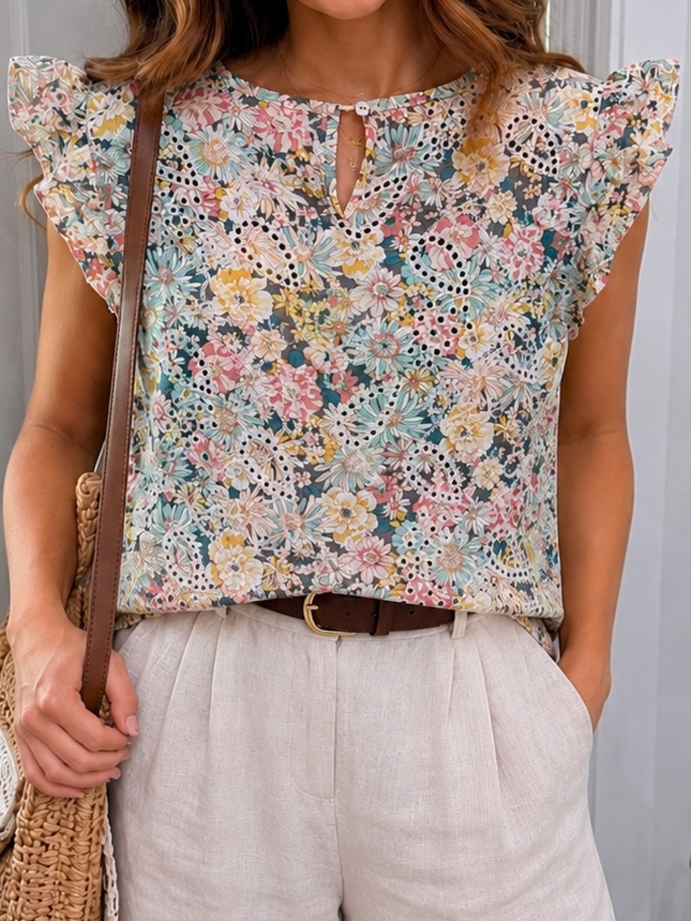 Solitaire Floral Eyelet Ruffle Sleeve Cottagecore Top Size Large